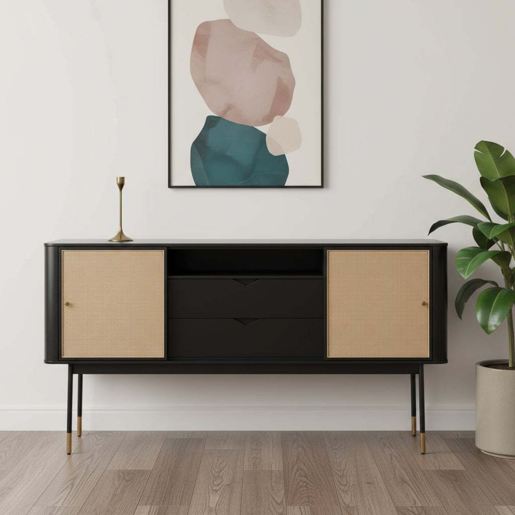 59" Black And Natural Wood Two Drawer Sideboard with Two Sliding Doors-0