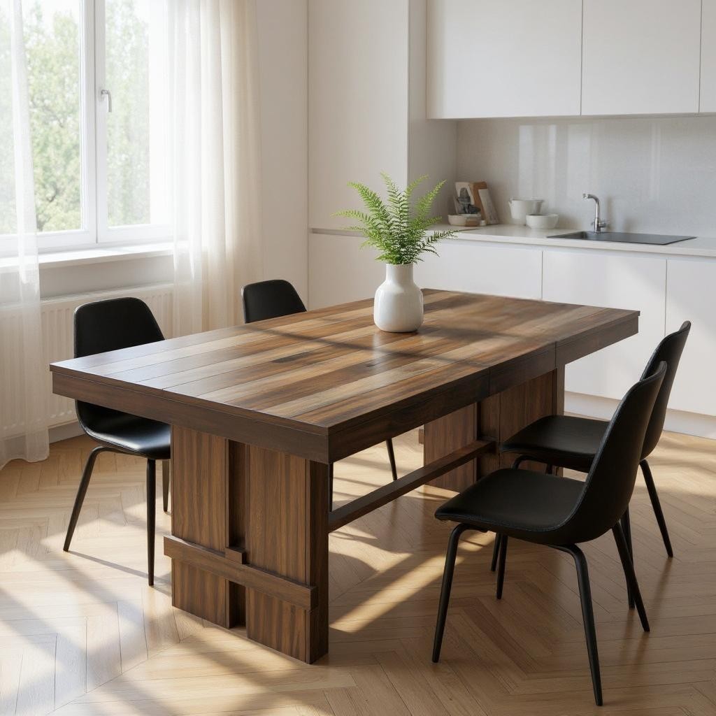 84" Dark Brown Wood Self-Storing Leaf Trestle Base Extension Dining Table-Dining Tables-DECOROLALA