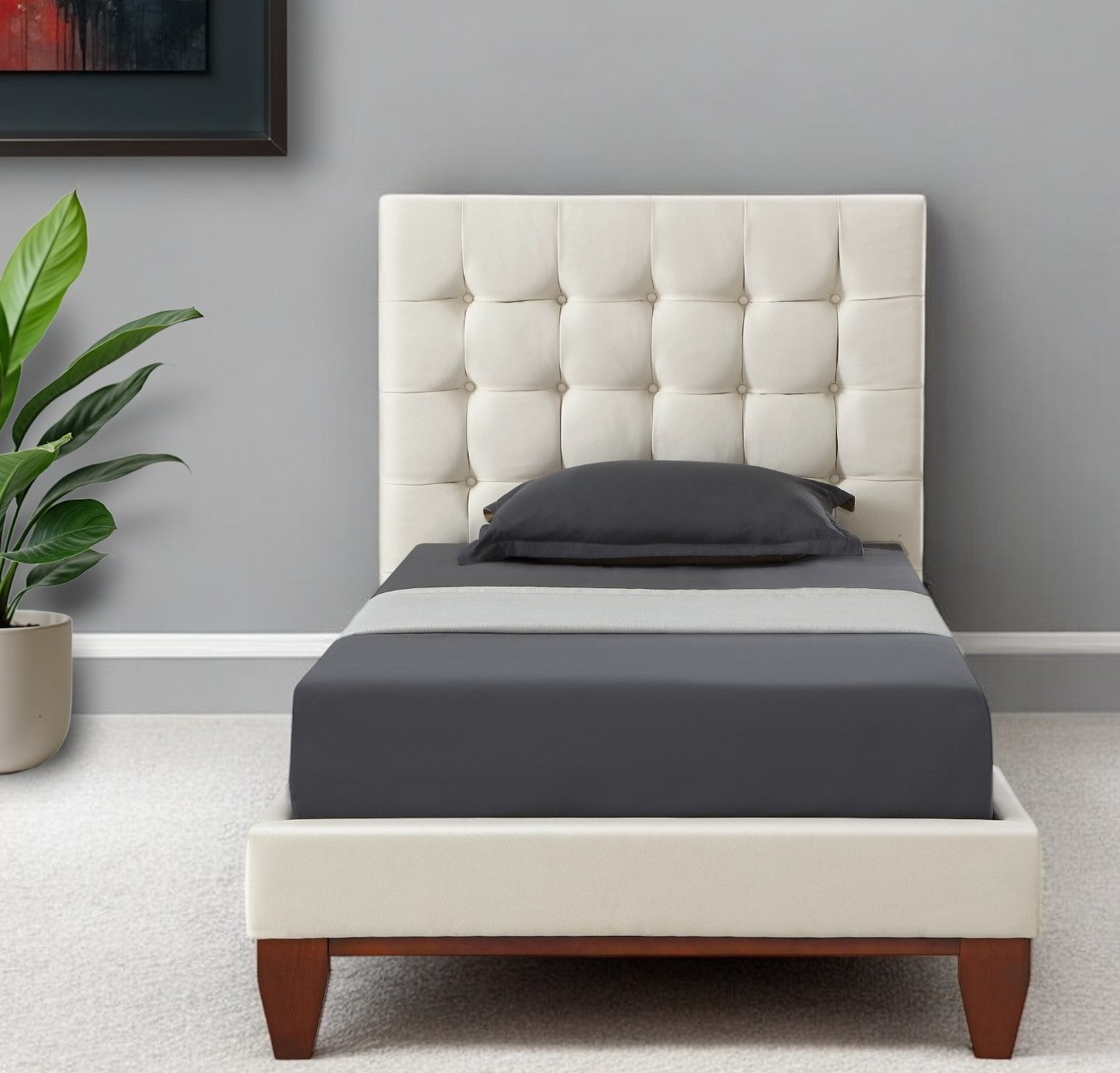 Beige Solid Wood Twin Tufted Upholstered Linen Bed Frame-Standard Beds-DECOROLALA