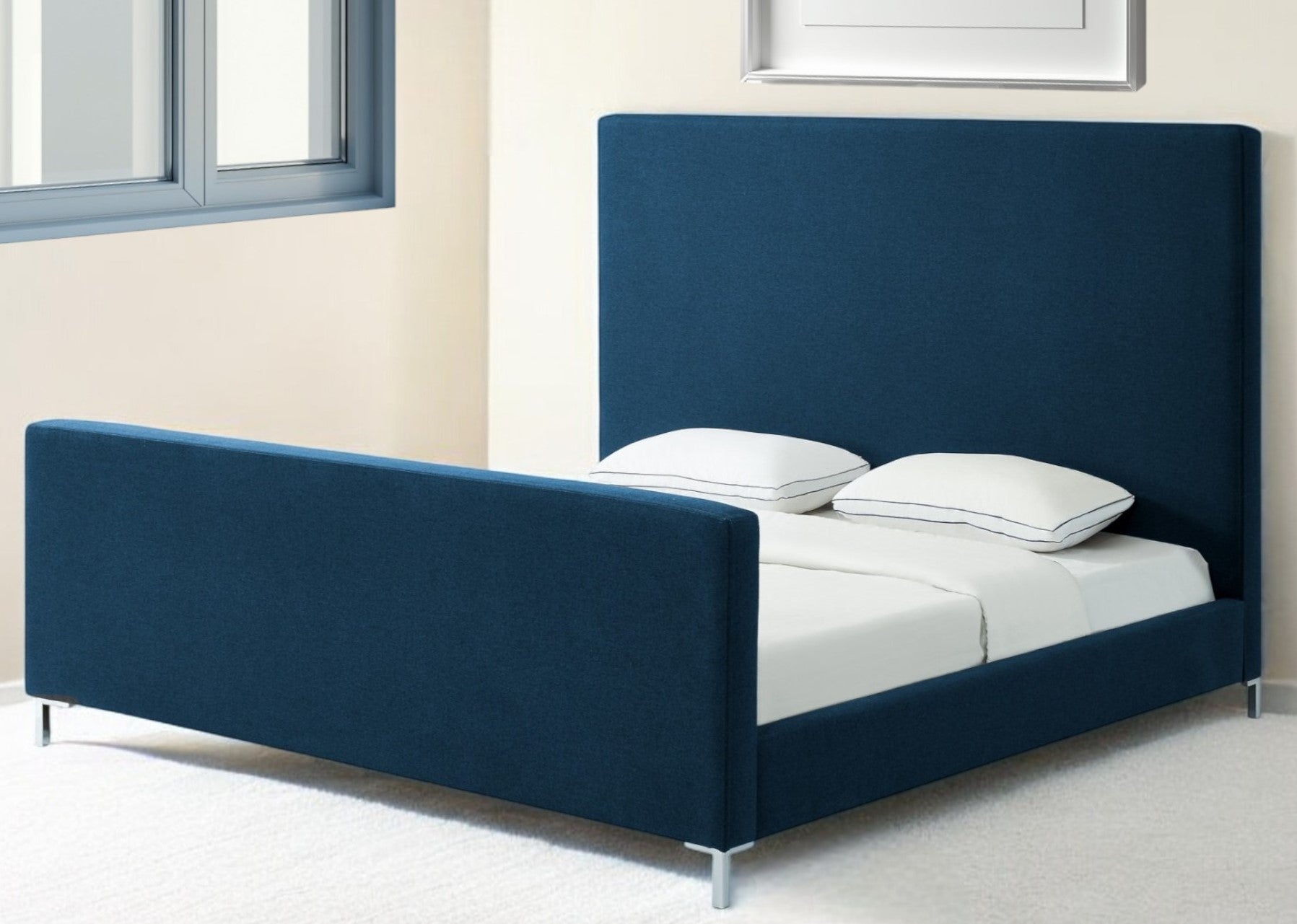 Denim Blue Solid Wood King Upholstered Linen Bed-Standard Beds-DECOROLALA