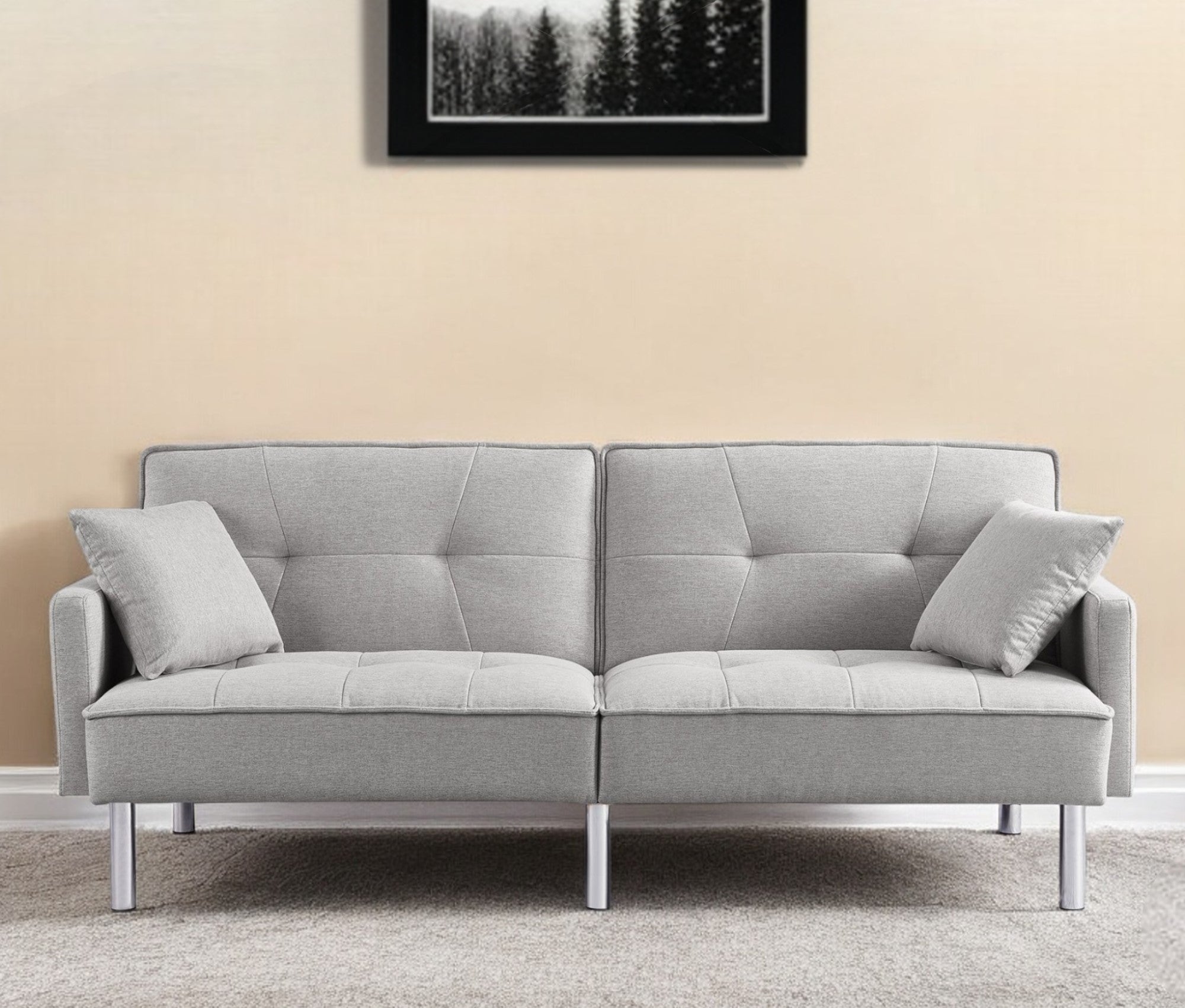 85" Light Gray Polyester Blend Convertible Futon Sleeper Sofa And Toss Pillows With Silver Legs-0