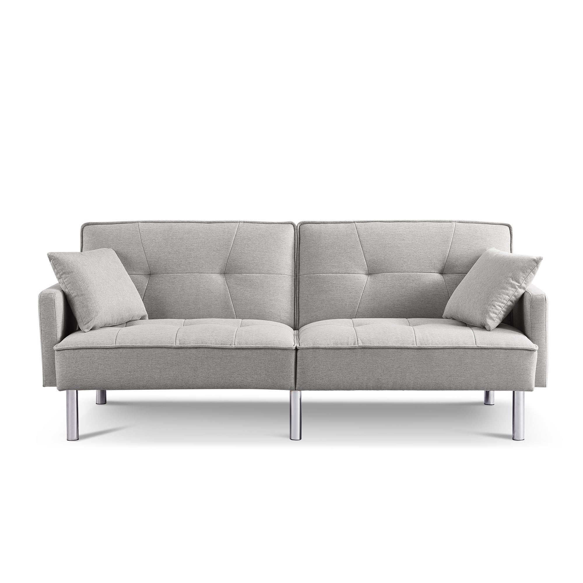85" Light Gray Polyester Blend Convertible Futon Sleeper Sofa And Toss Pillows With Silver Legs-1