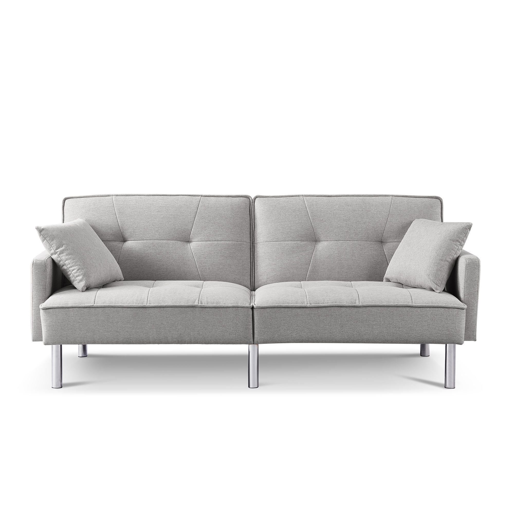 85" Light Gray Polyester Blend Convertible Futon Sleeper Sofa And Toss Pillows With Silver Legs-2