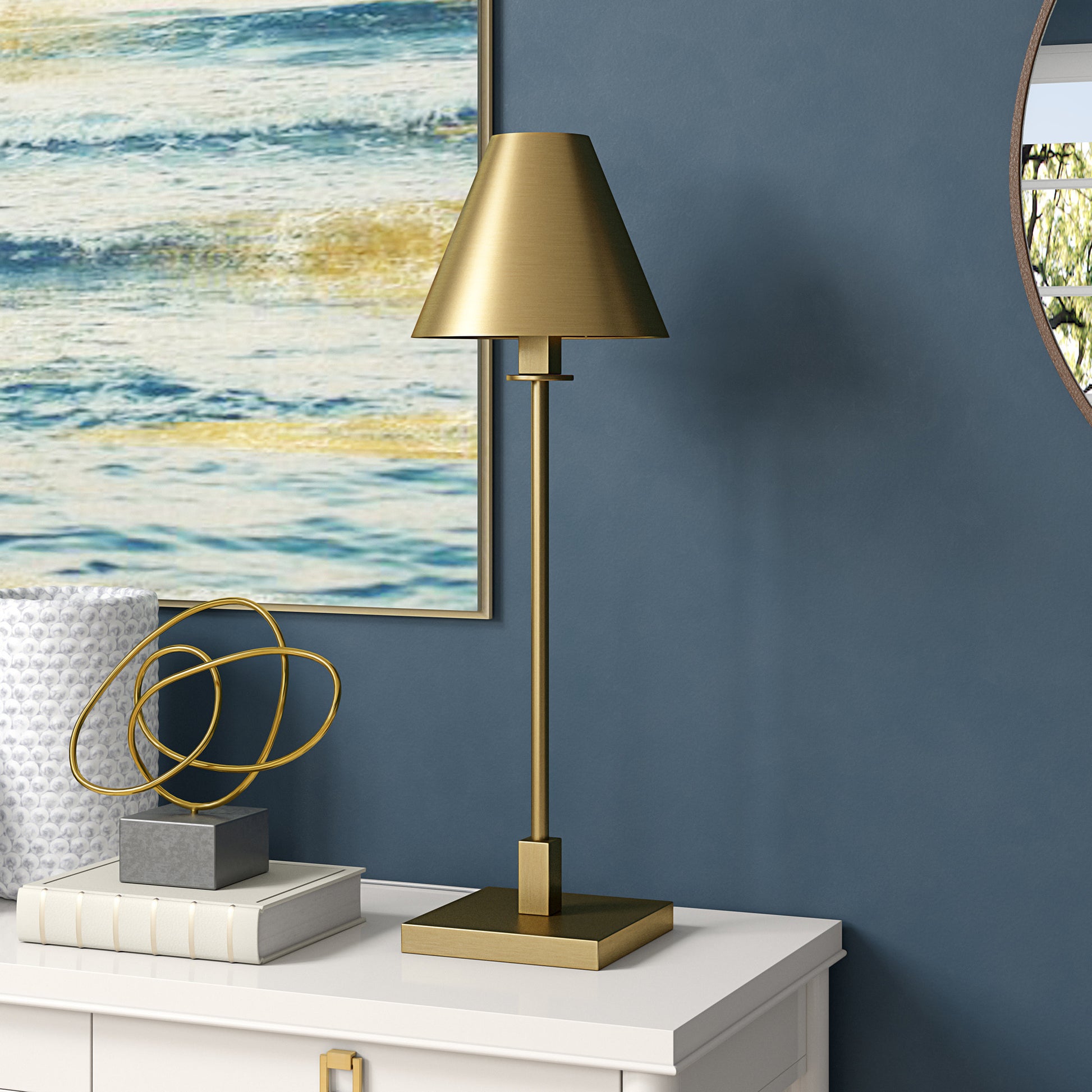 28" Brass Metal Buffet Lamp With Brass Cone Shade-Table Lamps-DECOROLALA
