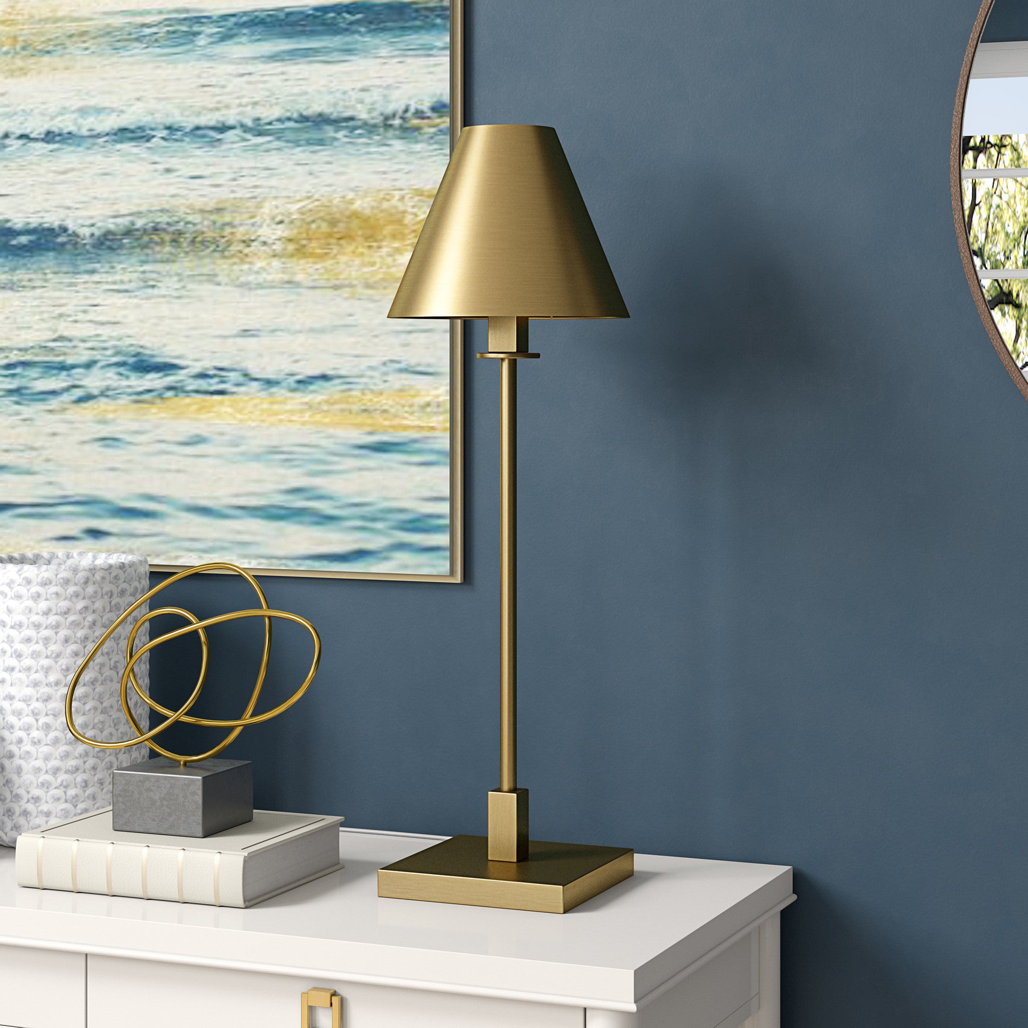28" Brass Metal Buffet Lamp With Brass Cone Shade-Table Lamps-DECOROLALA
