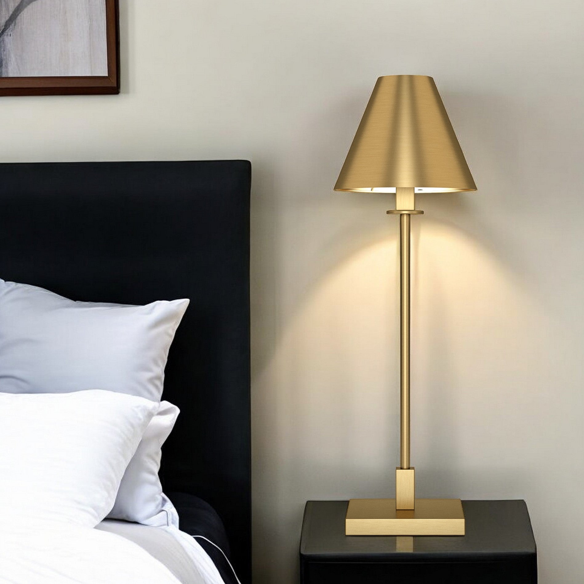 28" Brass Metal Buffet Lamp With Brass Cone Shade-Table Lamps-DECOROLALA