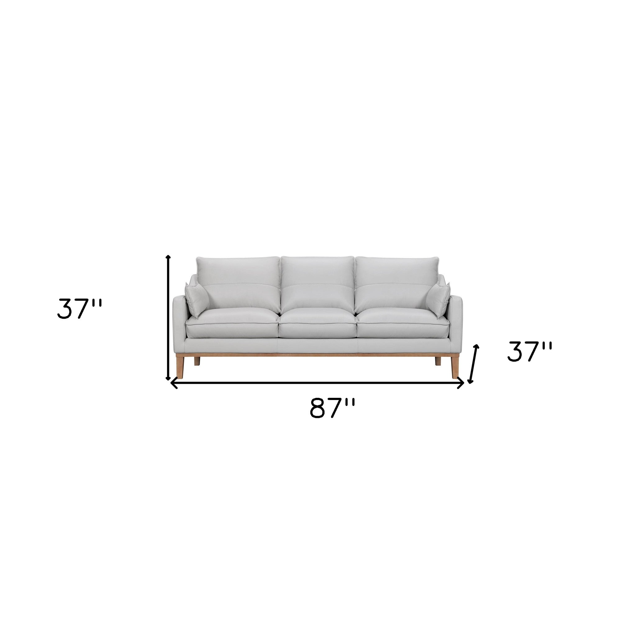 87" Gray Leather Sofa And Toss Pillows With Brown Legs-8