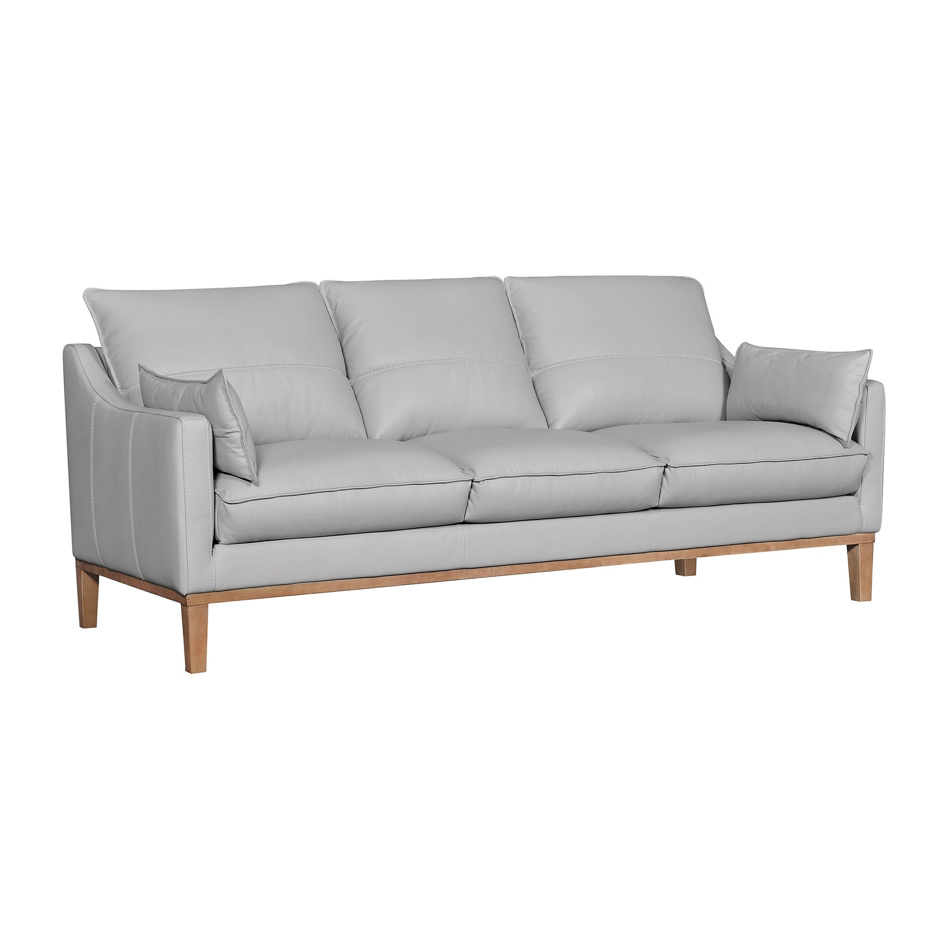 87" Gray Leather Sofa And Toss Pillows With Brown Legs-2