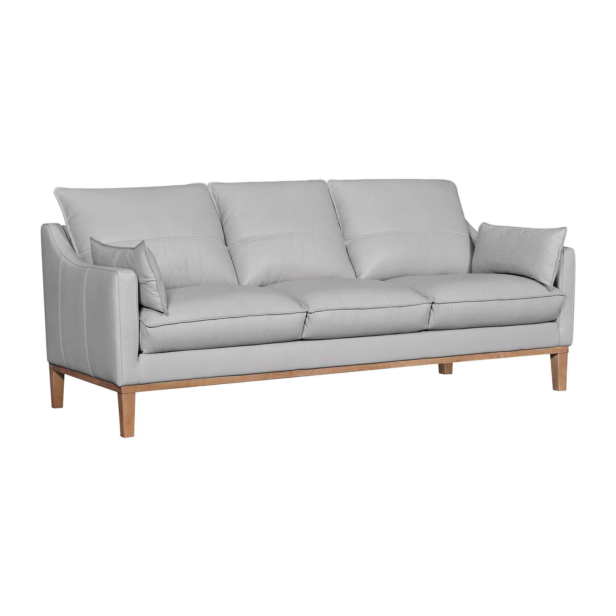87" Gray Leather Sofa And Toss Pillows With Brown Legs-2