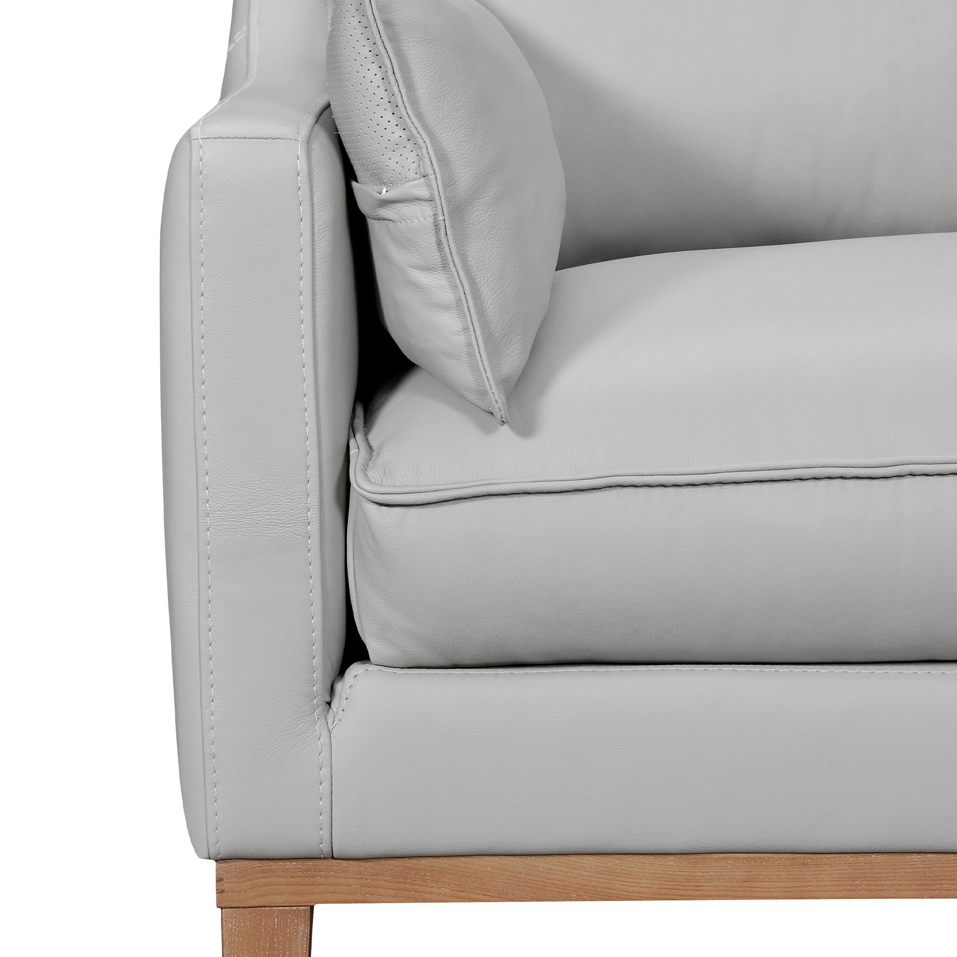 87" Gray Leather Sofa And Toss Pillows With Brown Legs-4