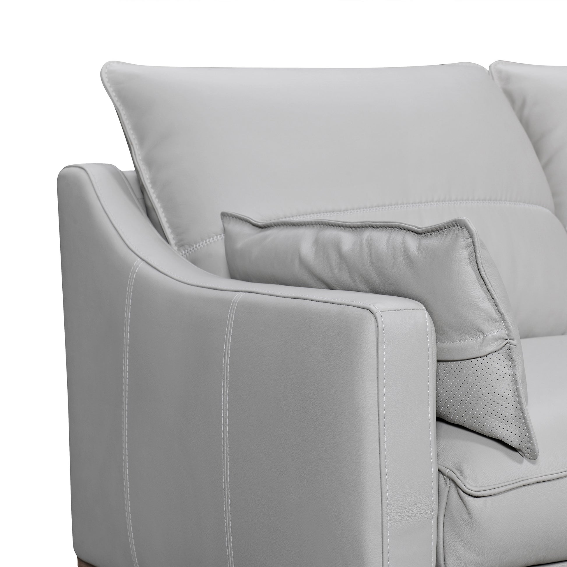 87" Gray Leather Sofa And Toss Pillows With Brown Legs-5