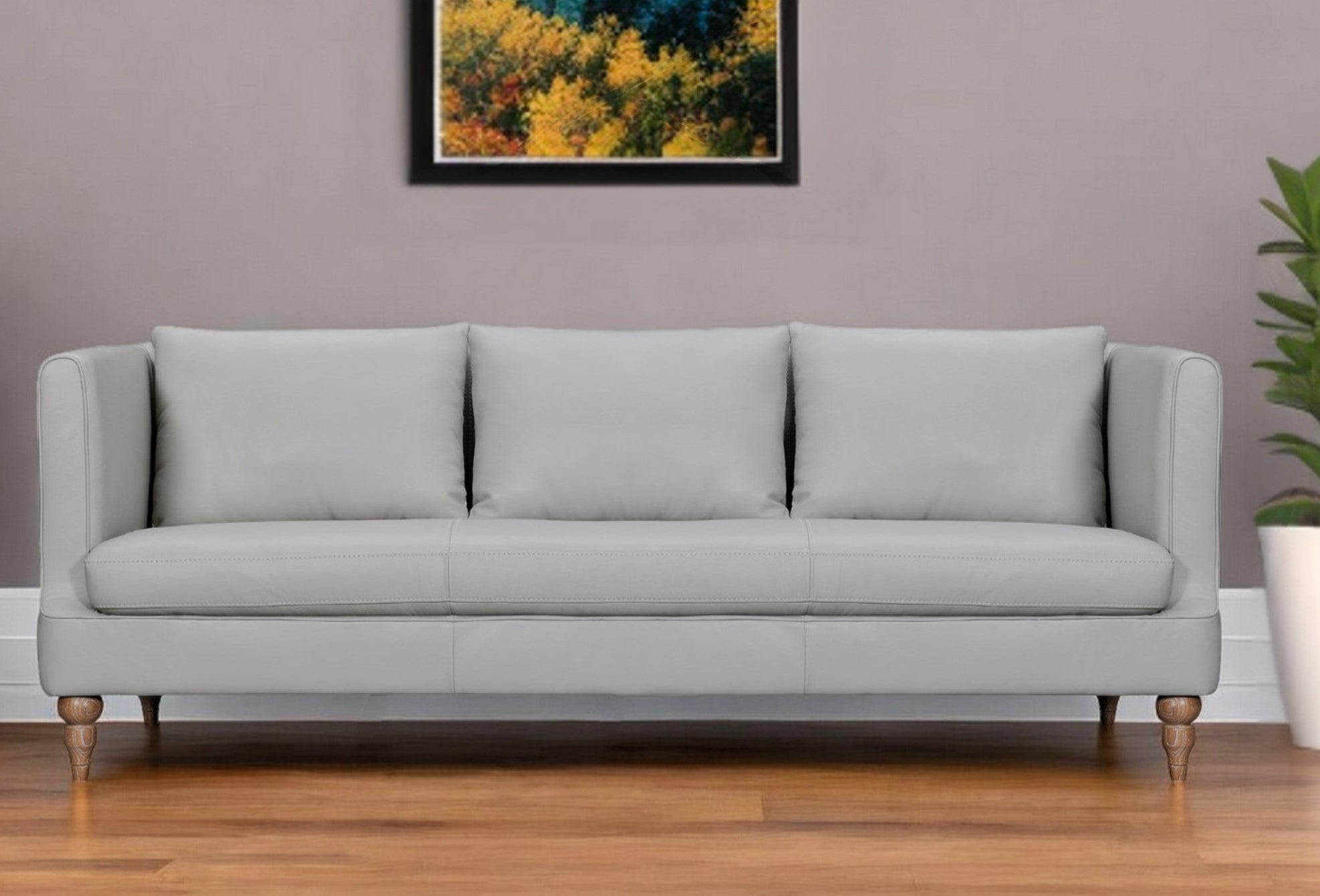 85" Gray Leather Sofa With Brown Legs-0