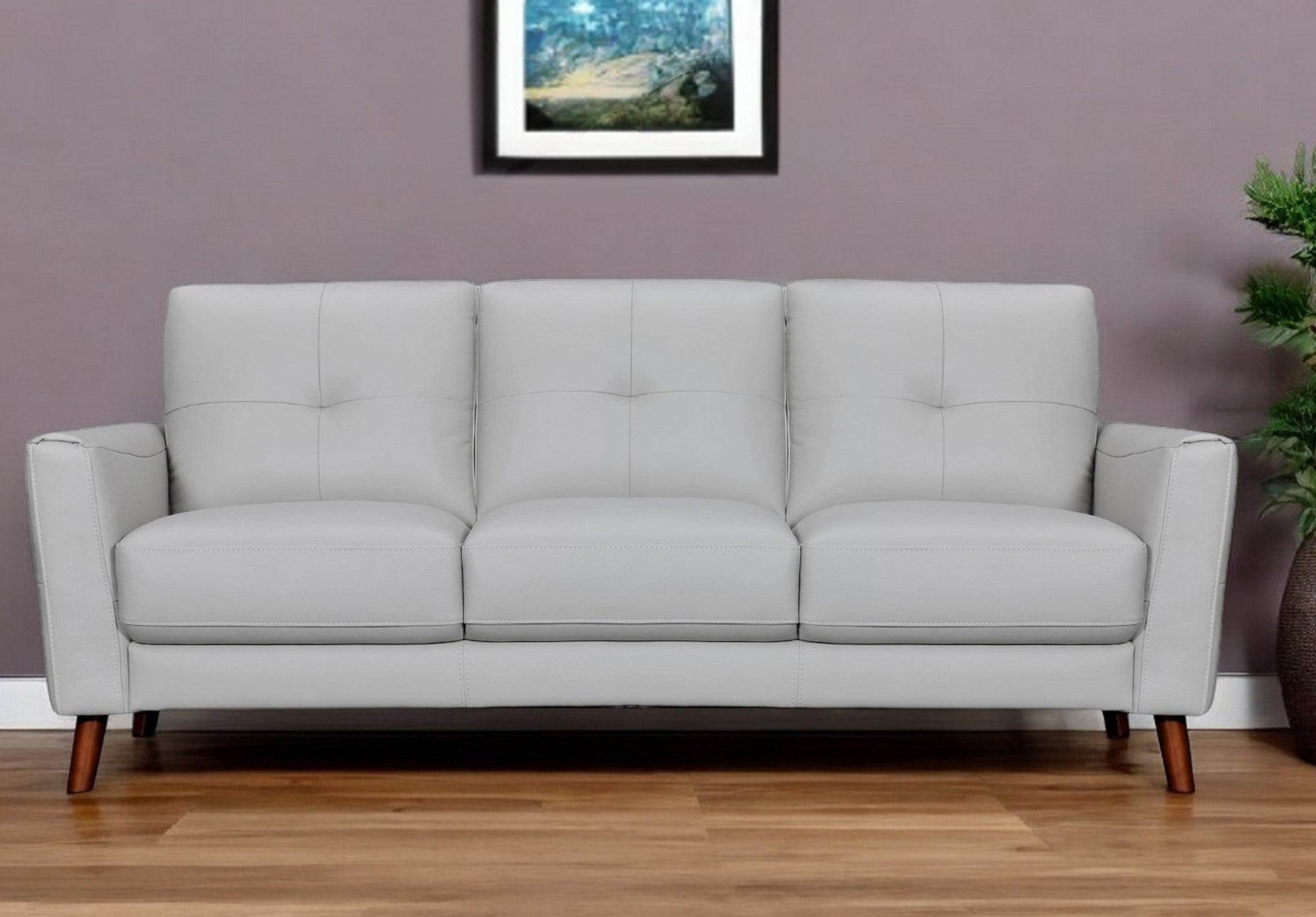82" Light Slate Gray Leather Sofa With Brown Legs-0