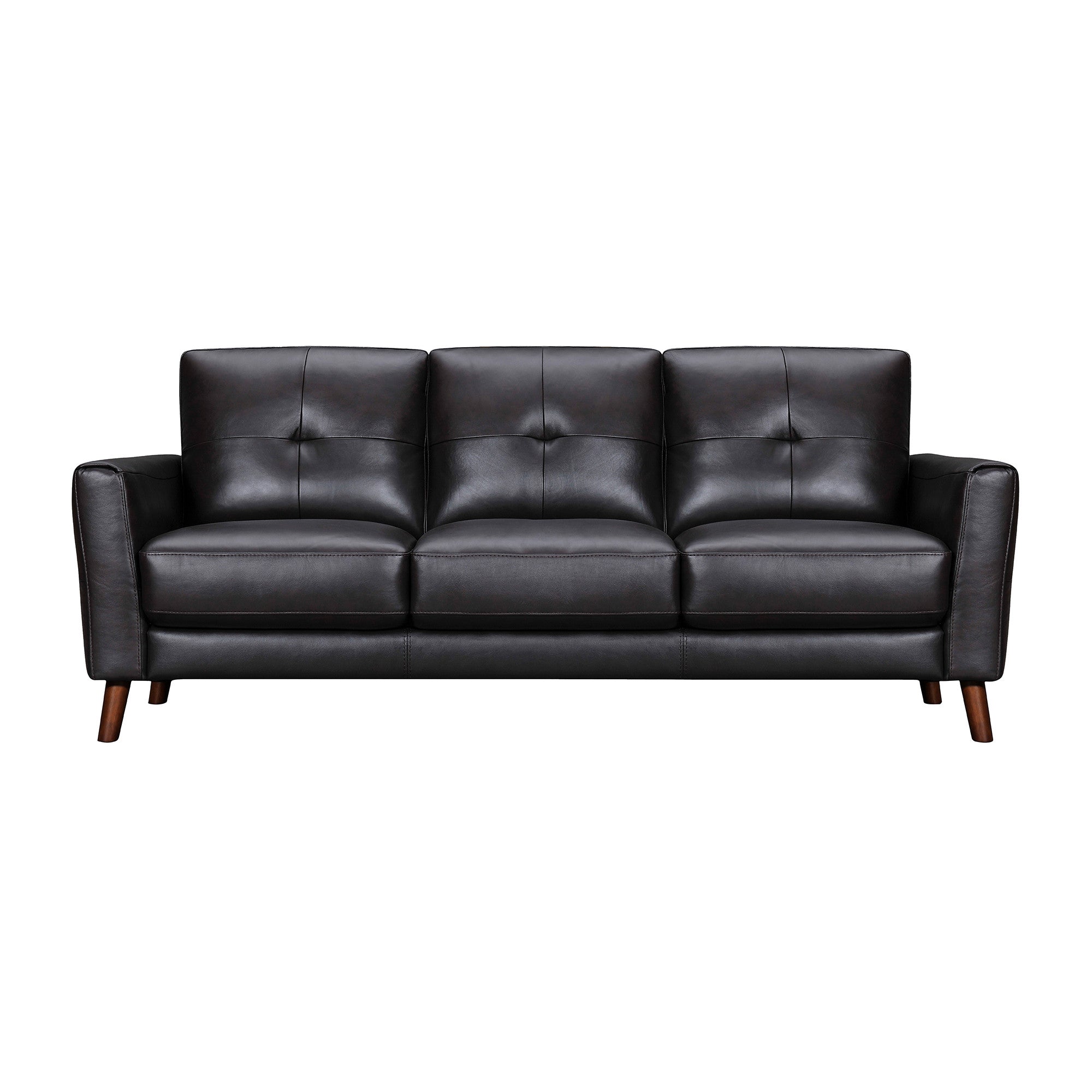 82" Black Leather Sofa With Brown Legs-1