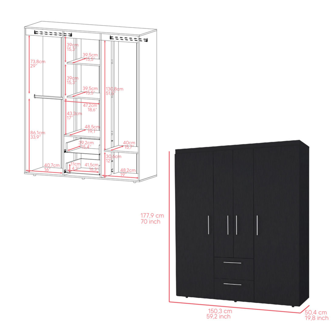 59" Black Two Drawer Combo Dresser-Dressers-DECOROLALA