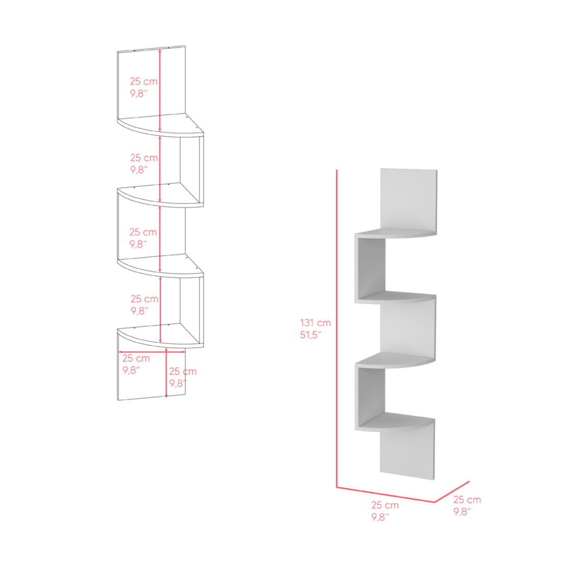 52" White Wood Wall Mounted Corner Shelf-Wall Mounted Shelves-DECOROLALA