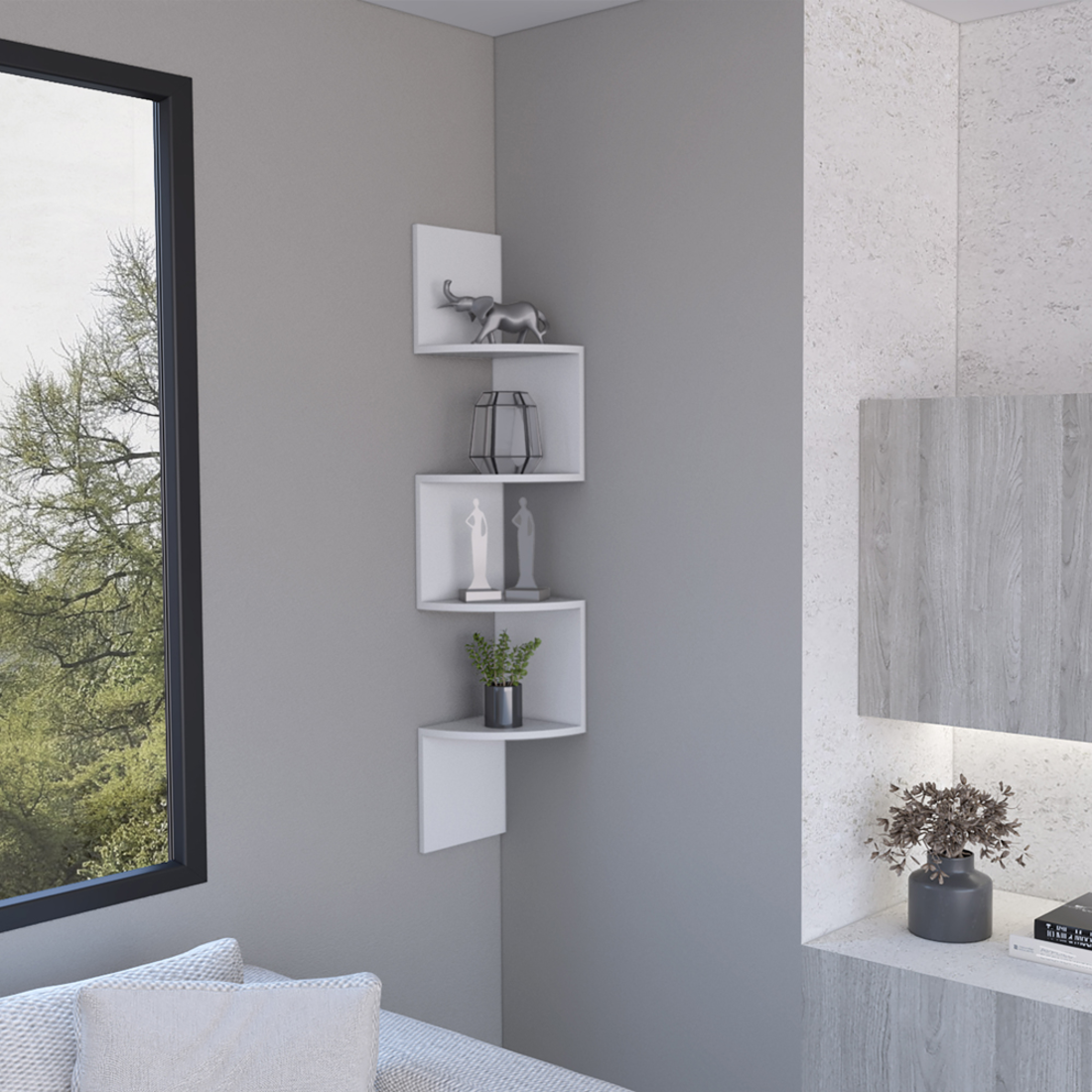 52" White Wood Wall Mounted Corner Shelf-Wall Mounted Shelves-DECOROLALA