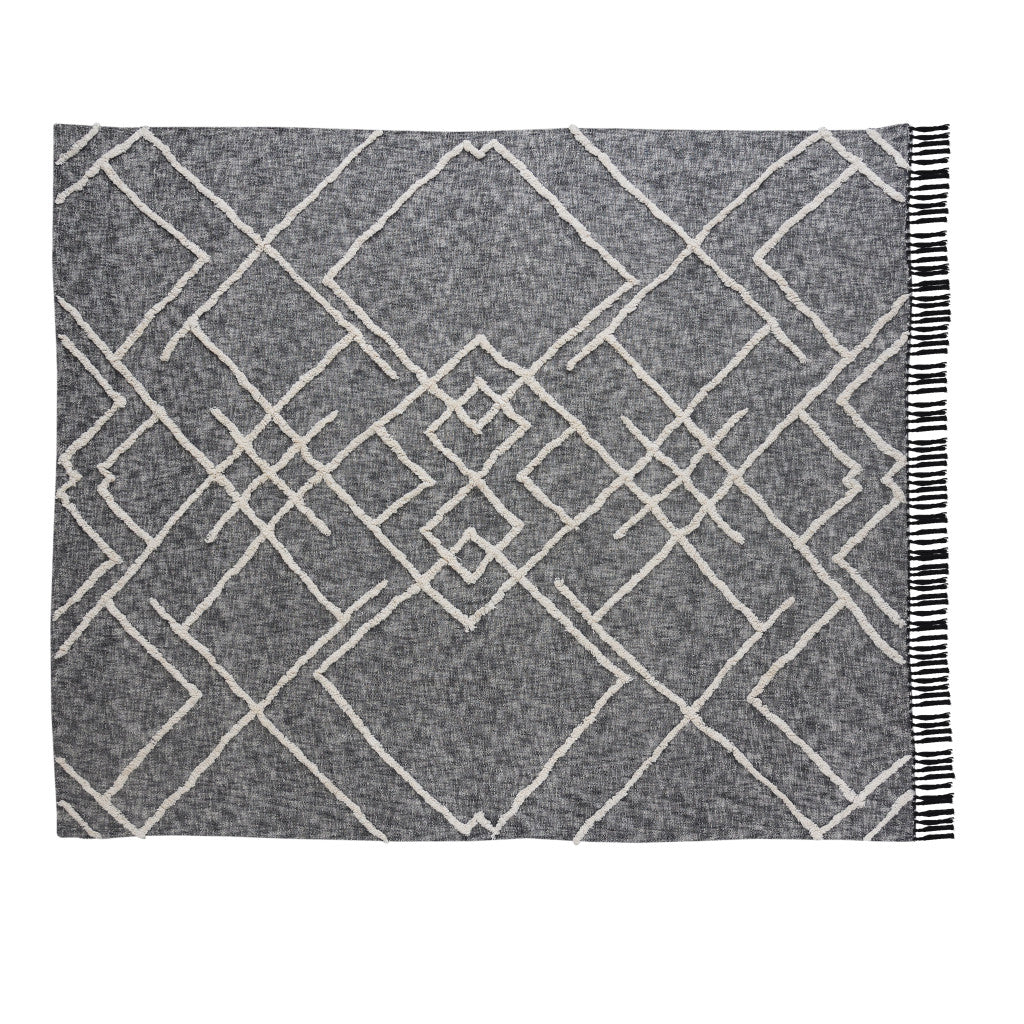 Charcoal and Off White Geometric Twin Cotton Coverlet With Fringe-Comforters and Quilts-DECOROLALA