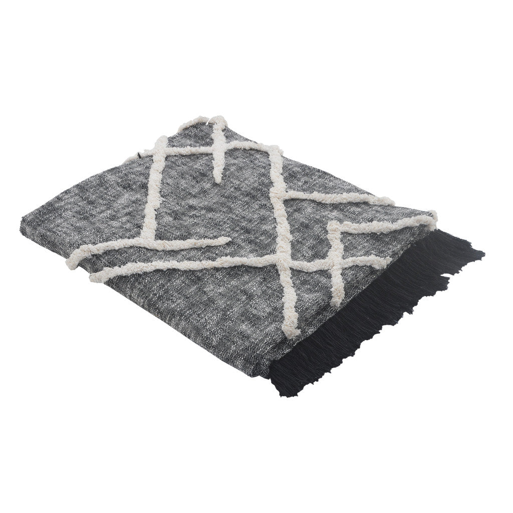 Charcoal and Off White Geometric Queen Cotton Coverlet With Fringe-Comforters and Quilts-DECOROLALA