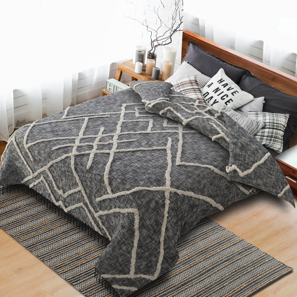 Charcoal and Off White Geometric Queen Cotton Coverlet With Fringe-Comforters and Quilts-DECOROLALA