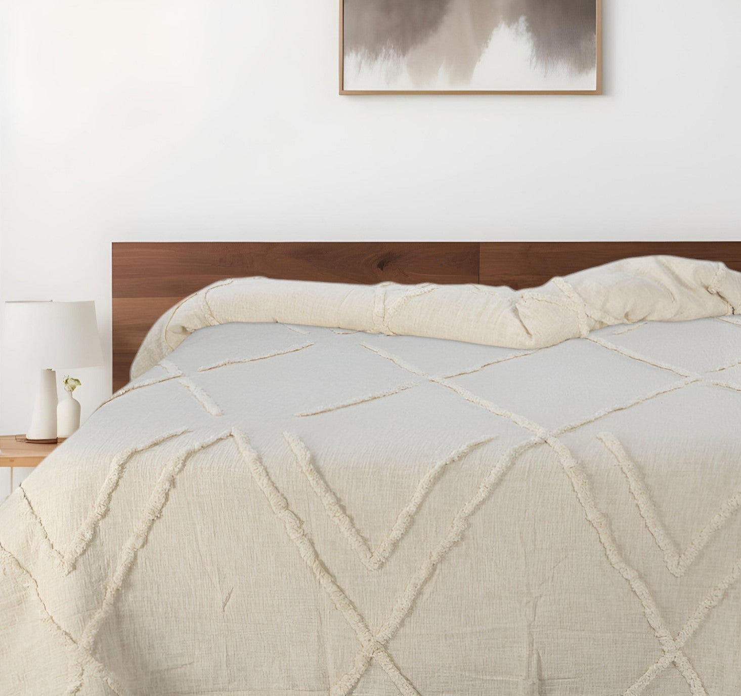 Ivory Geometric Queen Cotton Coverlet-Comforters and Quilts-DECOROLALA