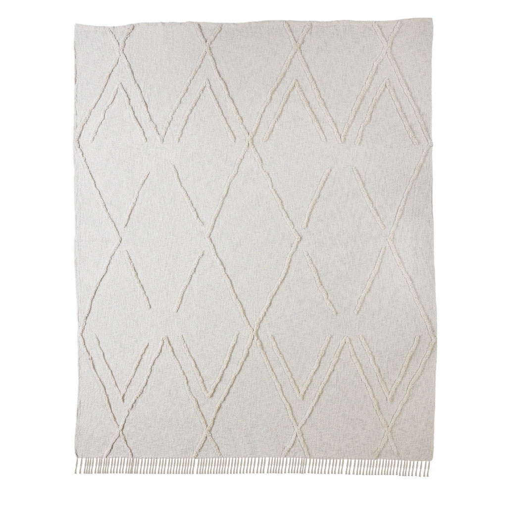 Ivory Geometric King Cotton Coverlet With Fringe-Comforters and Quilts-DECOROLALA