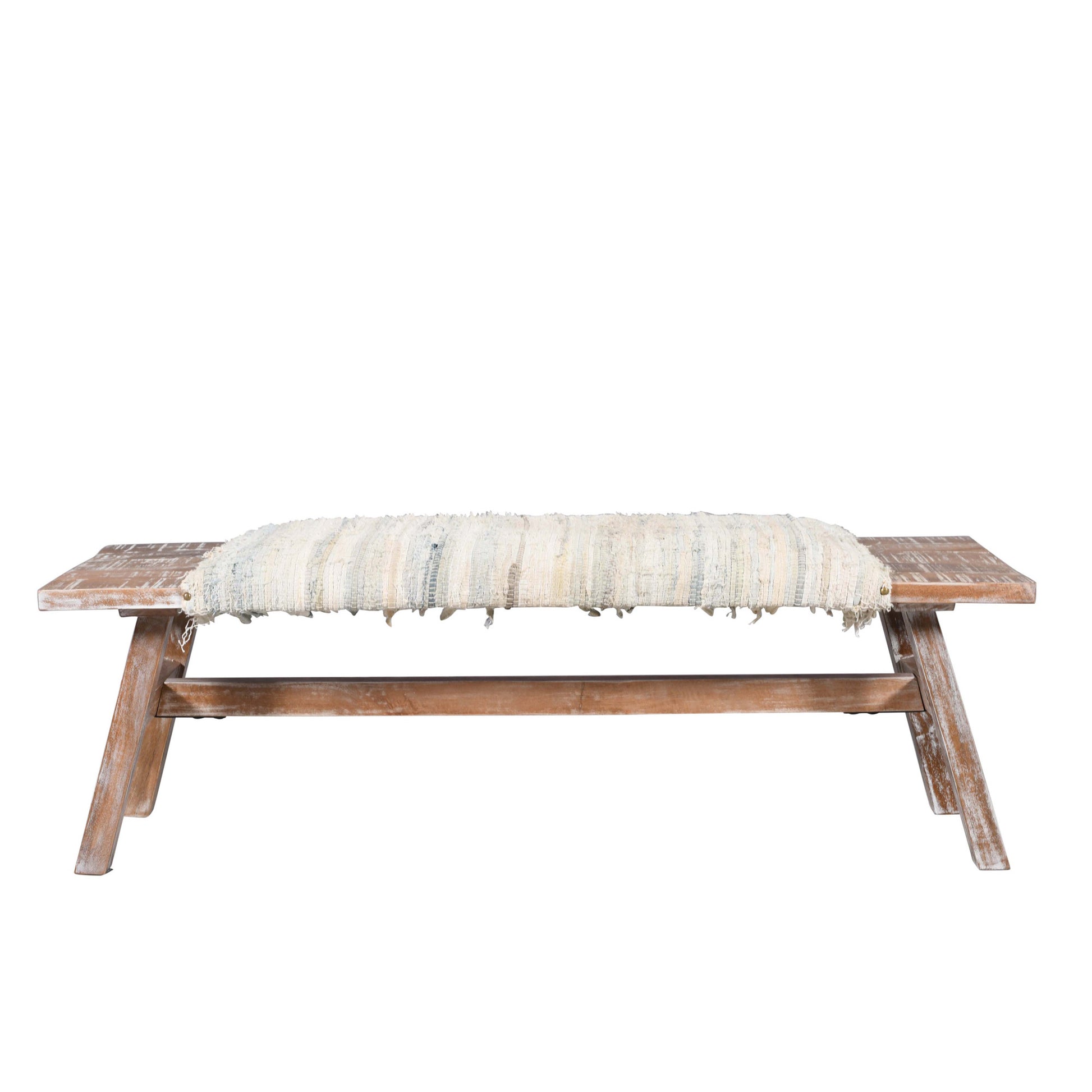 50" White and Brown Cotton Upholstered Striped Bench-Benches-DECOROLALA