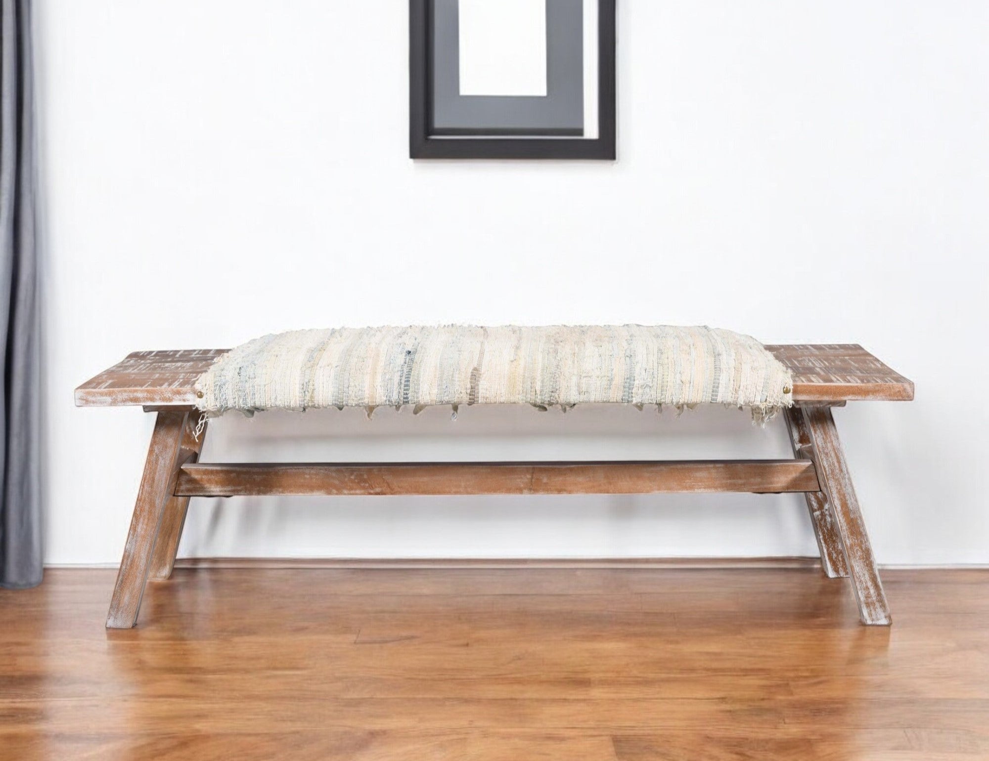 50" White and Brown Cotton Upholstered Striped Bench-Benches-DECOROLALA