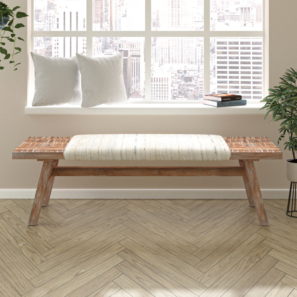 50" White and Brown Cotton Upholstered Striped Bench-Benches-DECOROLALA