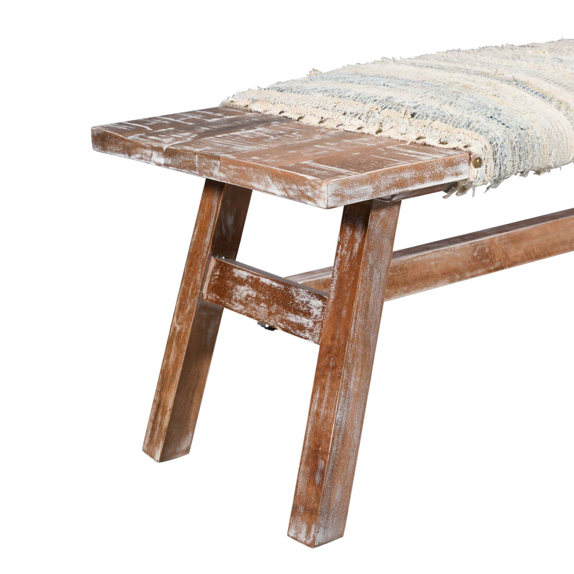 50" White and Brown Cotton Upholstered Striped Bench-Benches-DECOROLALA