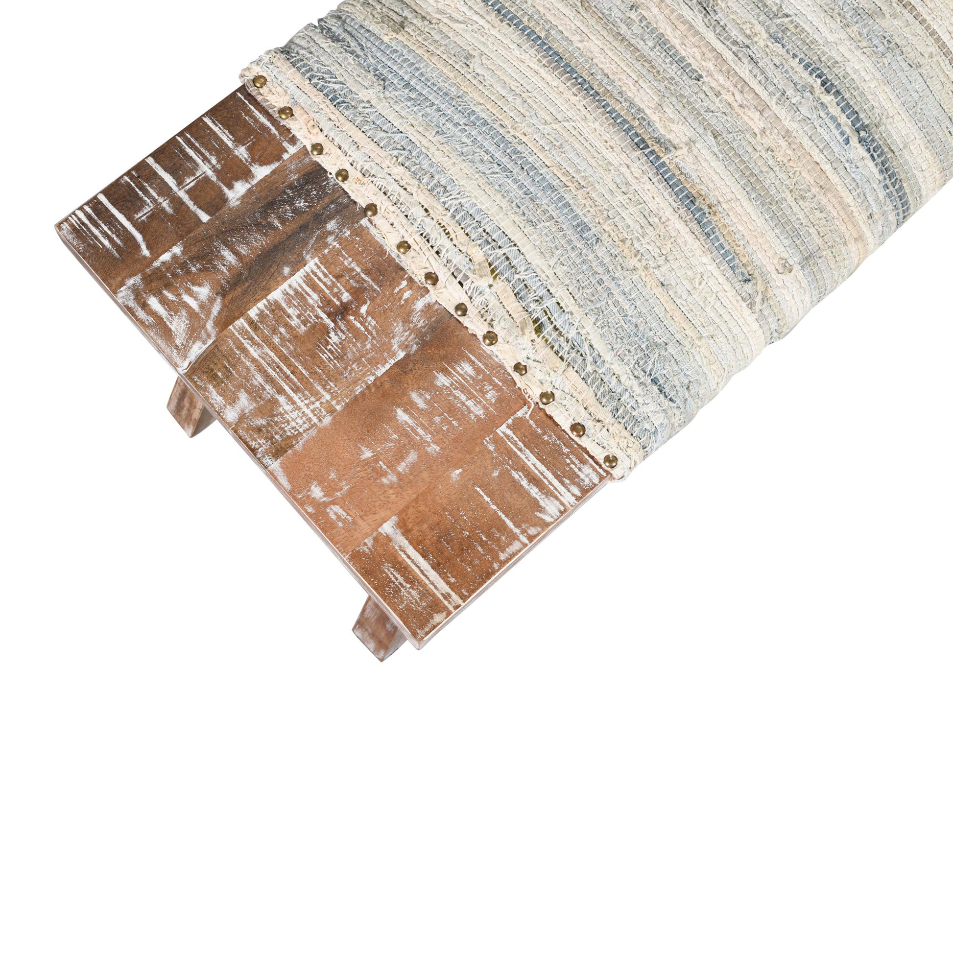 50" White and Brown Cotton Upholstered Striped Bench-Benches-DECOROLALA