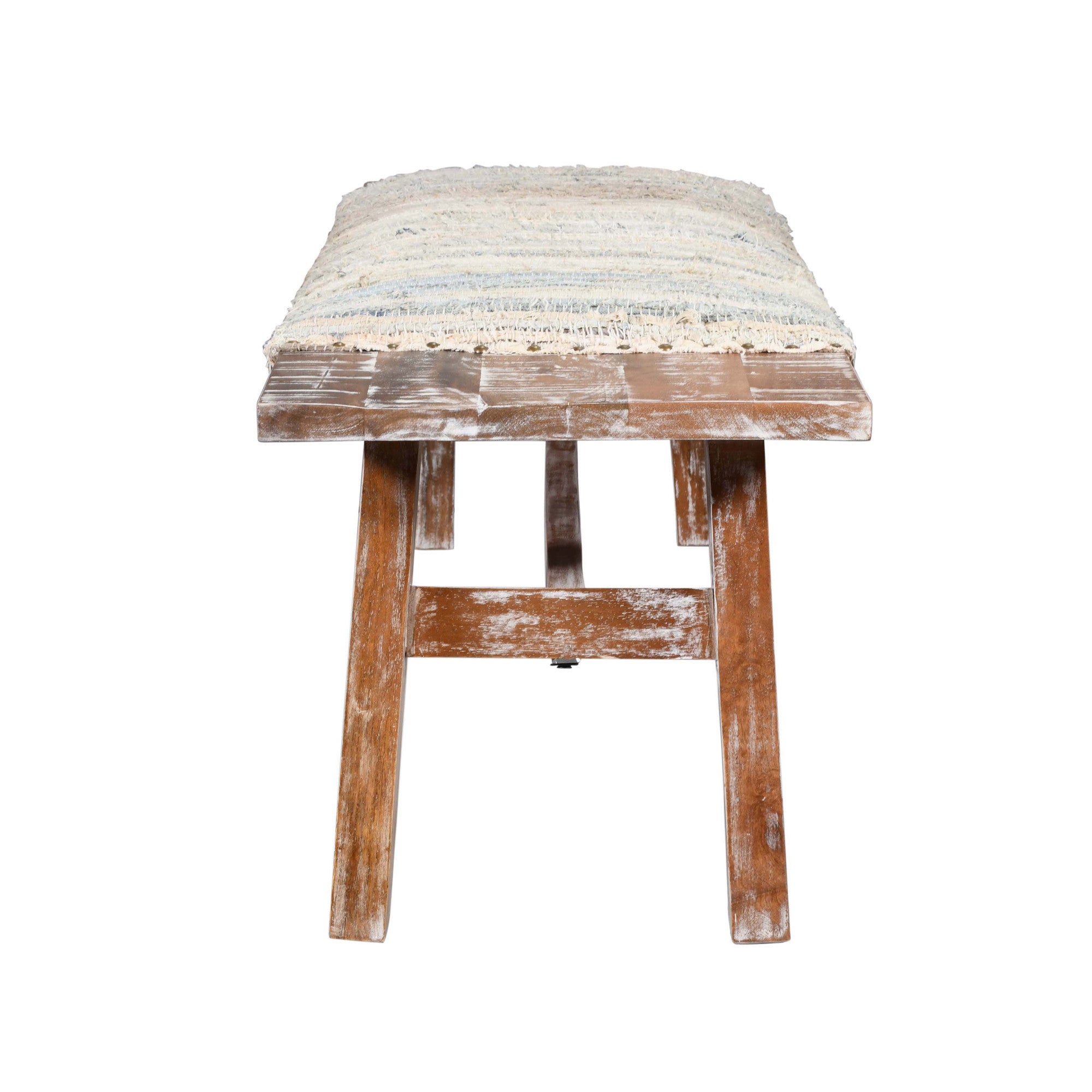 50" White and Brown Cotton Upholstered Striped Bench-Benches-DECOROLALA
