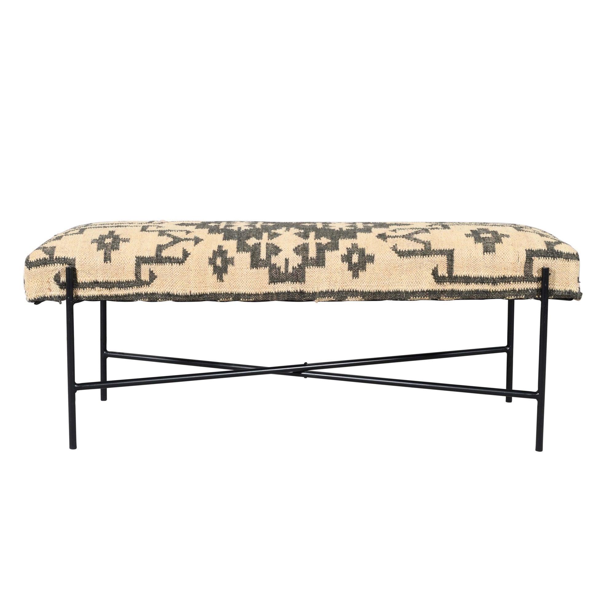 48" Cream and Black Cotton Blend Upholstered Southwest Bench-Benches-DECOROLALA
