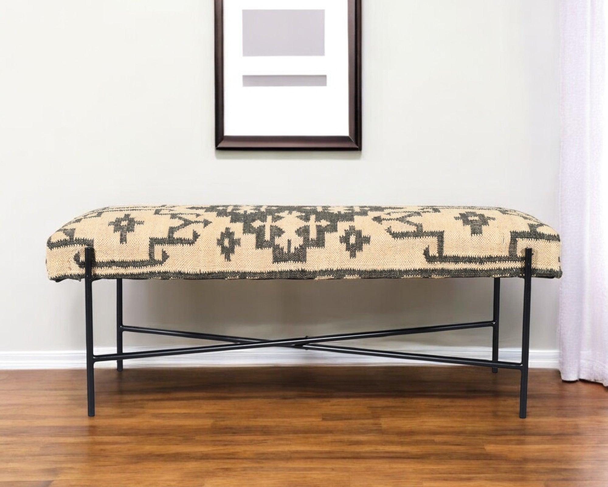 48" Cream and Black Cotton Blend Upholstered Southwest Bench-Benches-DECOROLALA