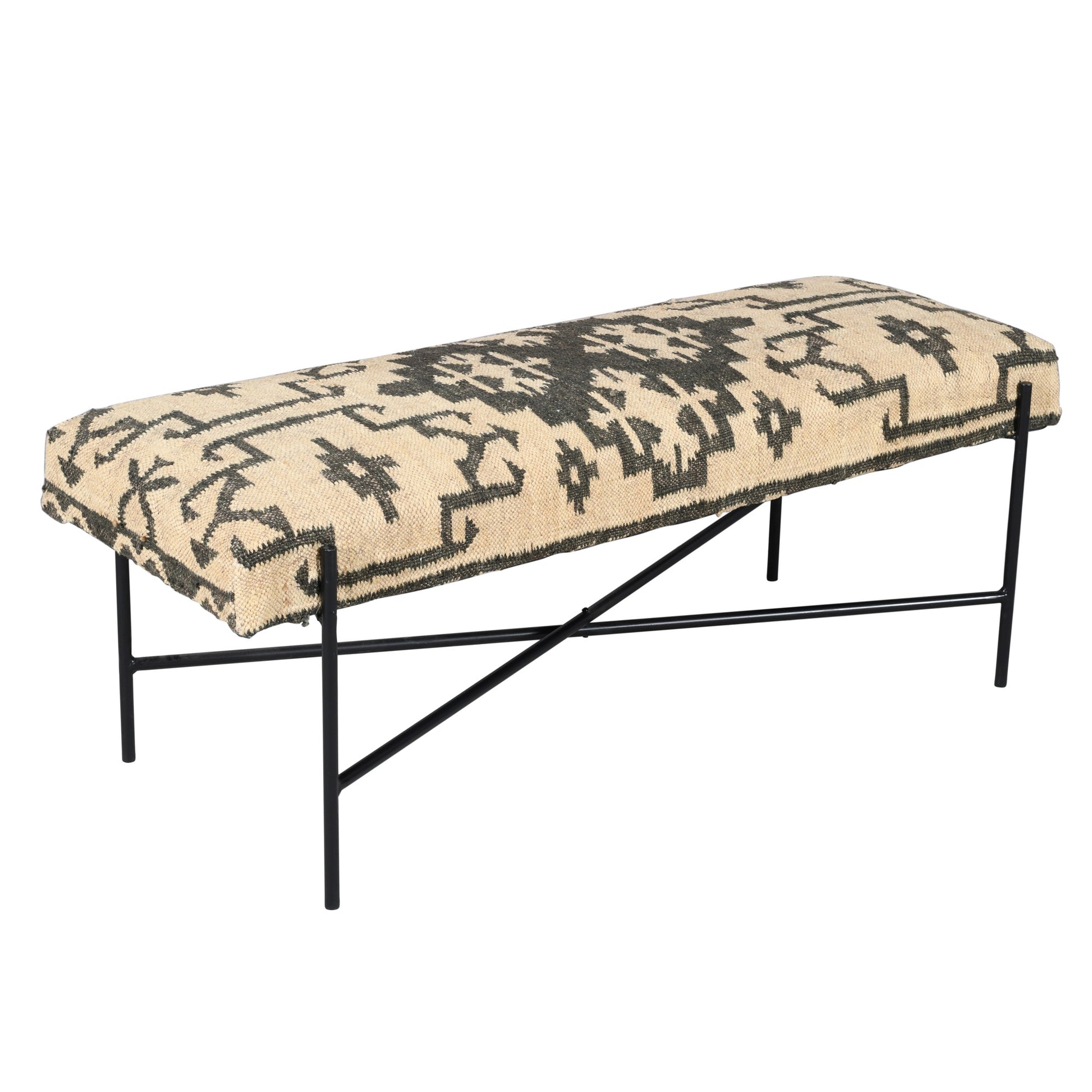 48" Cream and Black Cotton Blend Upholstered Southwest Bench-Benches-DECOROLALA