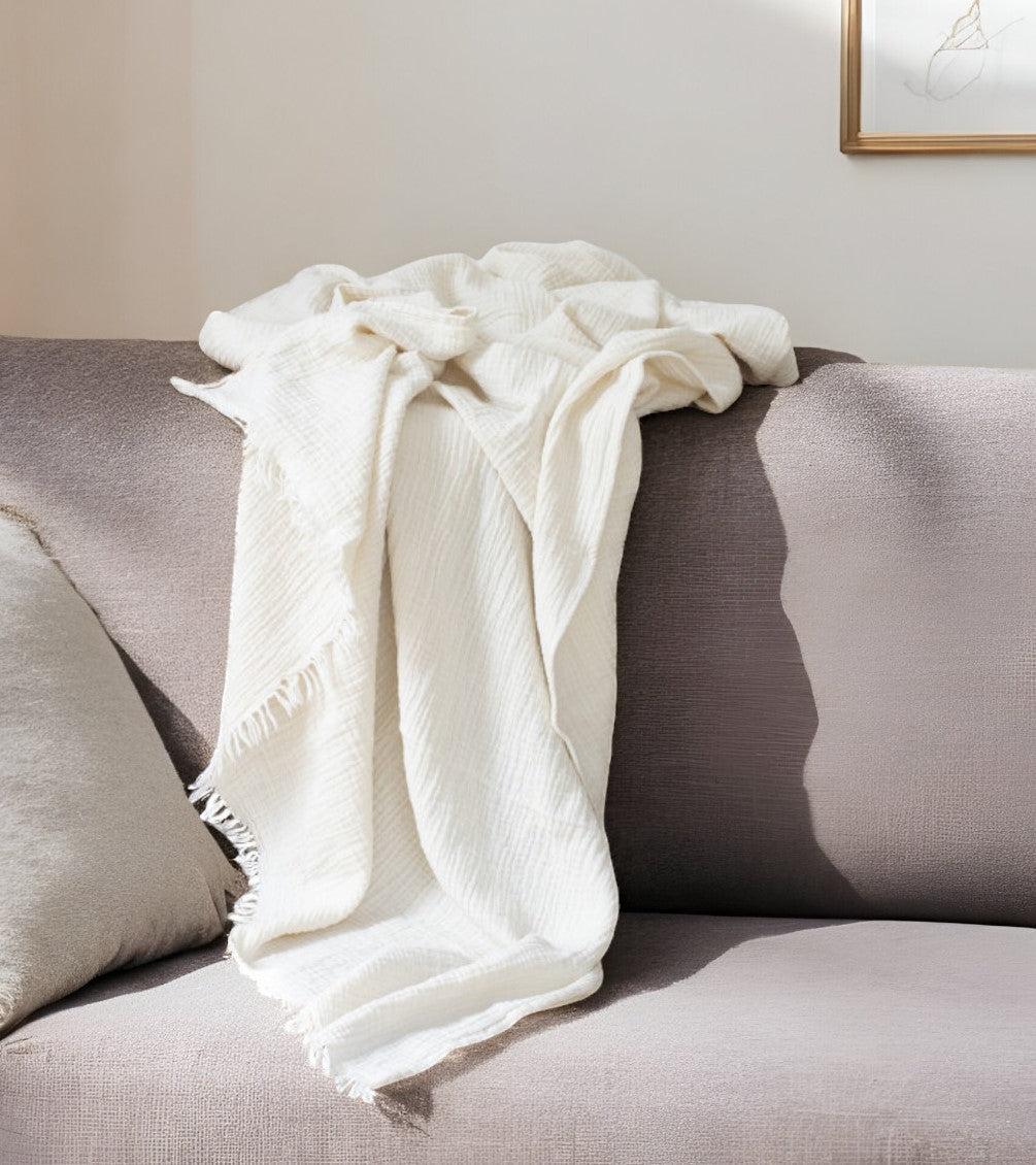 47" X 60" Beige Cotton Woven Turkish Towel Throw Blanket with Fringe-Throws & Blankets-DECOROLALA