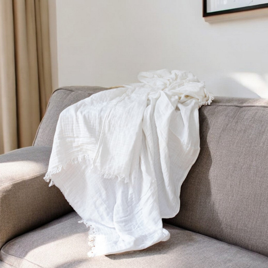 47" X 60" White Cotton Woven Turkish Towel Throw Blanket with Fringe-Throws & Blankets-DECOROLALA