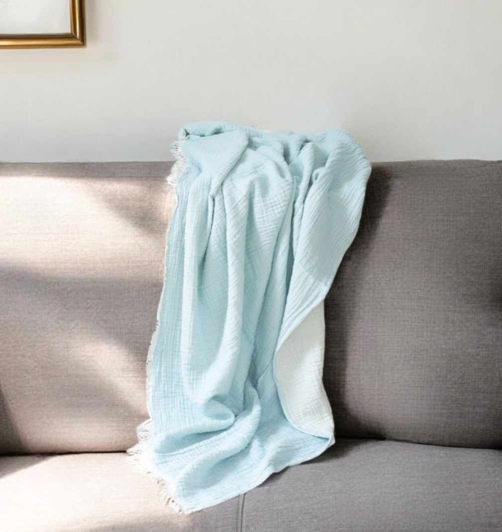 47" X 60" Aqua Cotton Woven Turkish Towel Throw Blanket with Fringe-Throws & Blankets-DECOROLALA