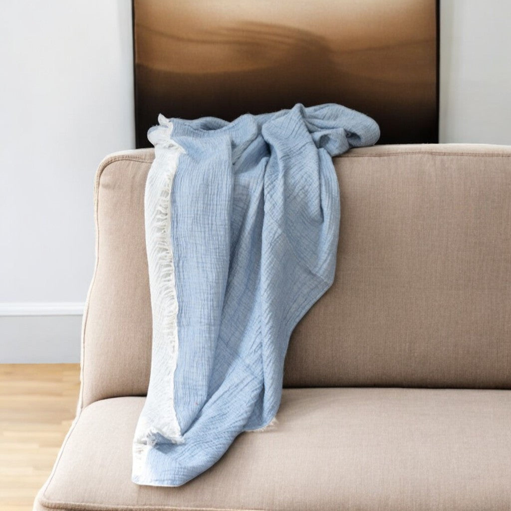 47" X 60" Blue Cotton Woven Turkish Towel Throw Blanket with Fringe-Throws & Blankets-DECOROLALA