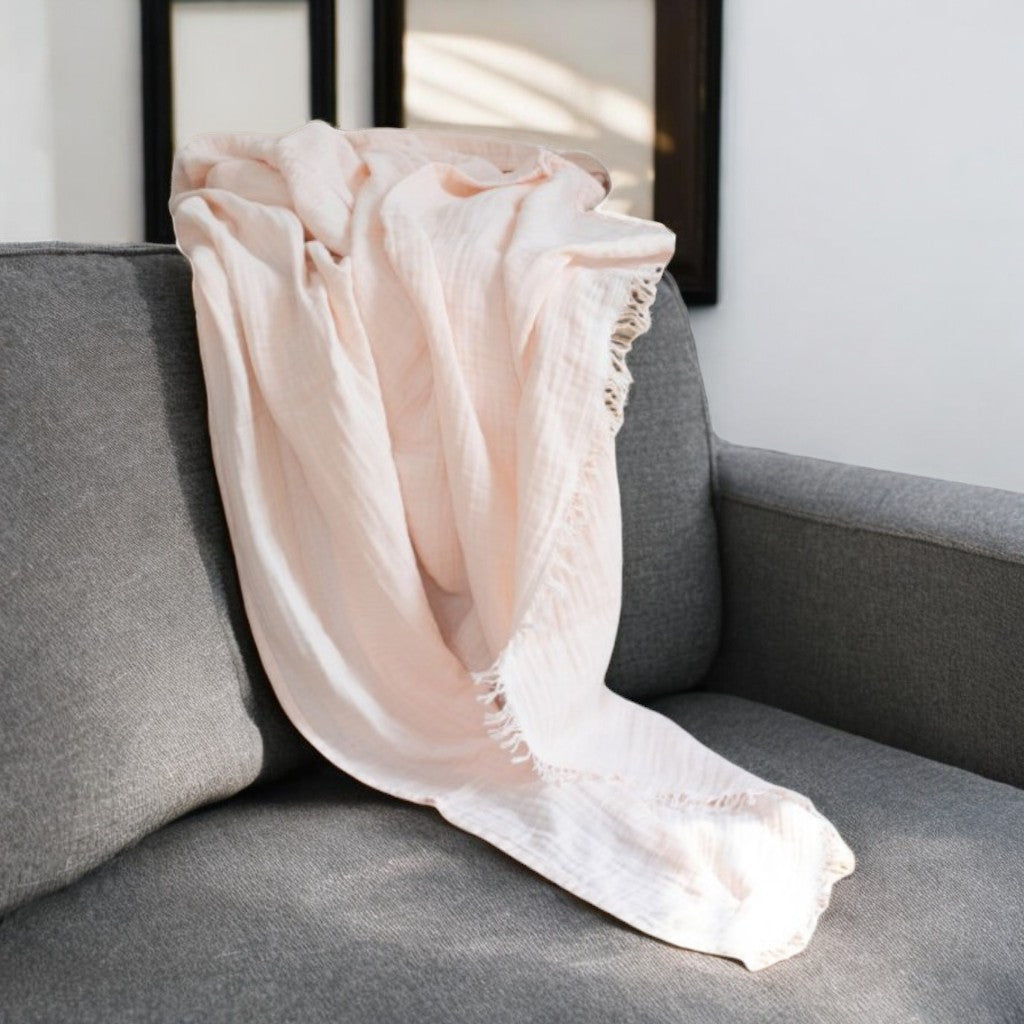 47" X 60" Blush Cotton Woven Turkish Towel Throw Blanket with Fringe-Throws & Blankets-DECOROLALA