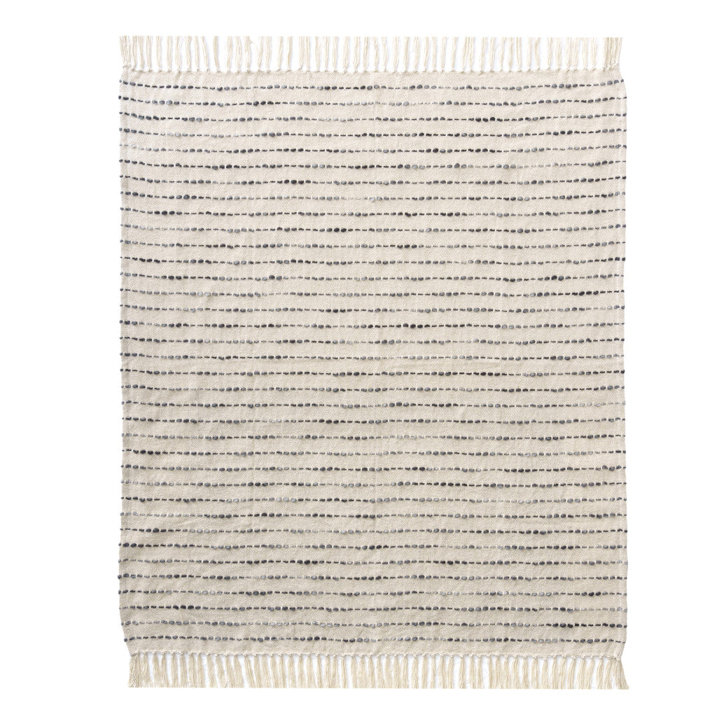 50" X 60" White And Navy Blue Cotton Blend Woven Striped Throw Blanket with Fringe-Throws & Blankets-DECOROLALA