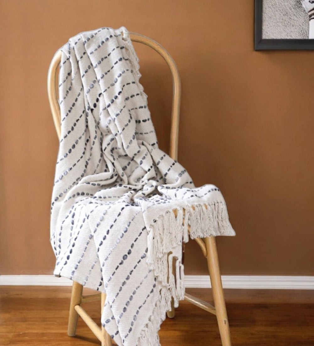 50" X 60" White And Navy Blue Cotton Blend Woven Striped Throw Blanket with Fringe-Throws & Blankets-DECOROLALA