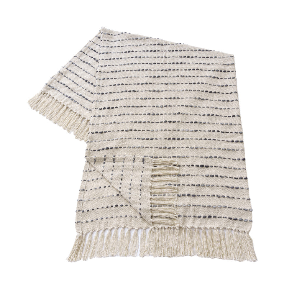 50" X 60" White And Navy Blue Cotton Blend Woven Striped Throw Blanket with Fringe-Throws & Blankets-DECOROLALA