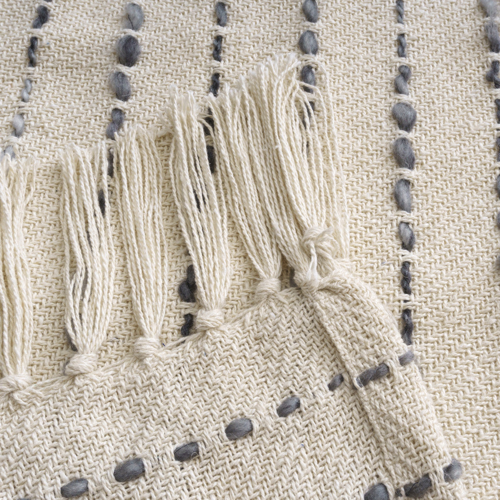 50" X 60" White And Navy Blue Cotton Blend Woven Striped Throw Blanket with Fringe-Throws & Blankets-DECOROLALA