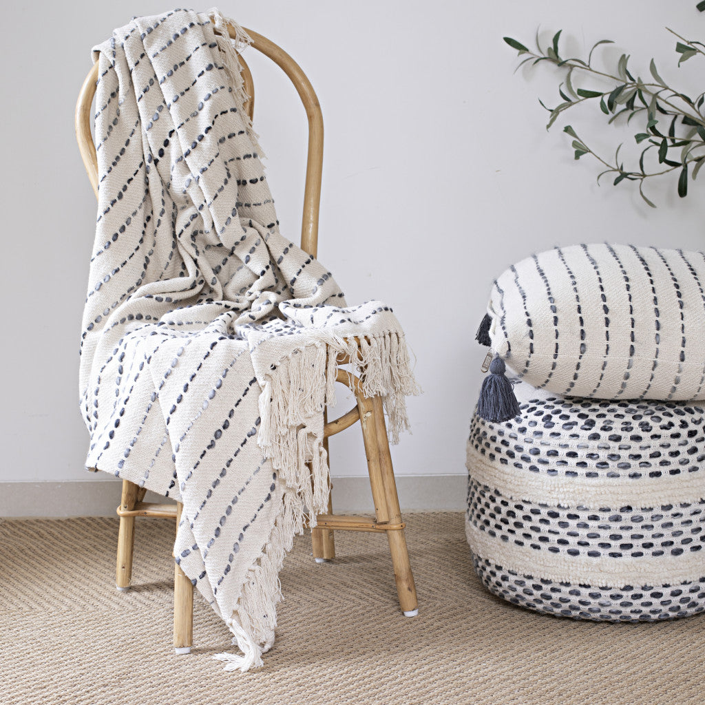 50" X 60" White And Navy Blue Cotton Blend Woven Striped Throw Blanket with Fringe-Throws & Blankets-DECOROLALA