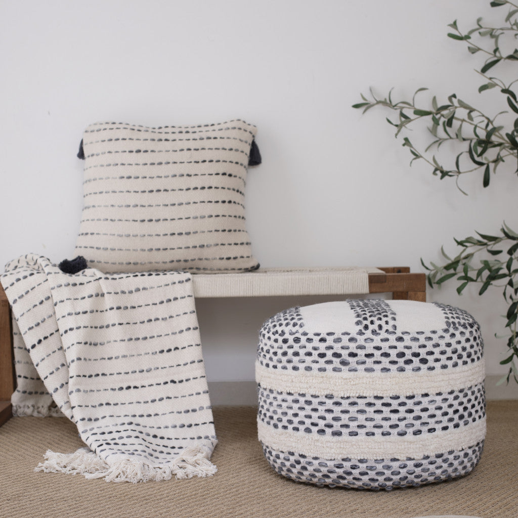 50" X 60" White And Navy Blue Cotton Blend Woven Striped Throw Blanket with Fringe-Throws & Blankets-DECOROLALA