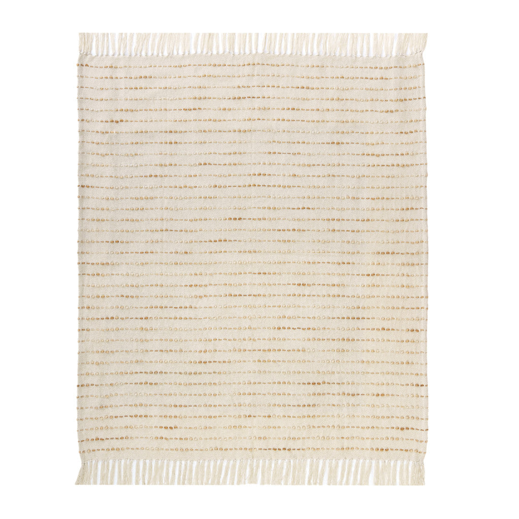 50" X 60" White And Brown Cotton Blend Woven Striped Throw Blanket with Fringe-Throws & Blankets-DECOROLALA
