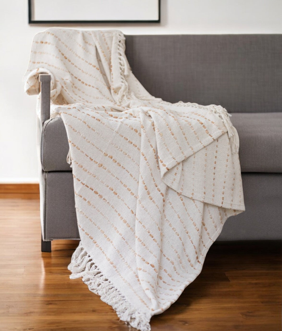 50" X 60" White And Brown Cotton Blend Woven Striped Throw Blanket with Fringe-Throws & Blankets-DECOROLALA