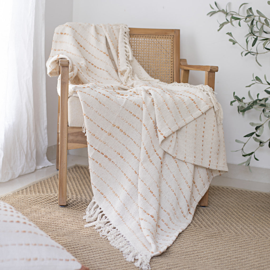 50" X 60" White And Brown Cotton Blend Woven Striped Throw Blanket with Fringe-Throws & Blankets-DECOROLALA