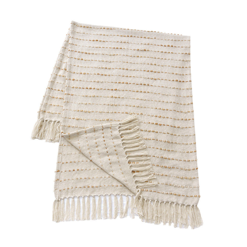 50" X 60" White And Brown Cotton Blend Woven Striped Throw Blanket with Fringe-Throws & Blankets-DECOROLALA